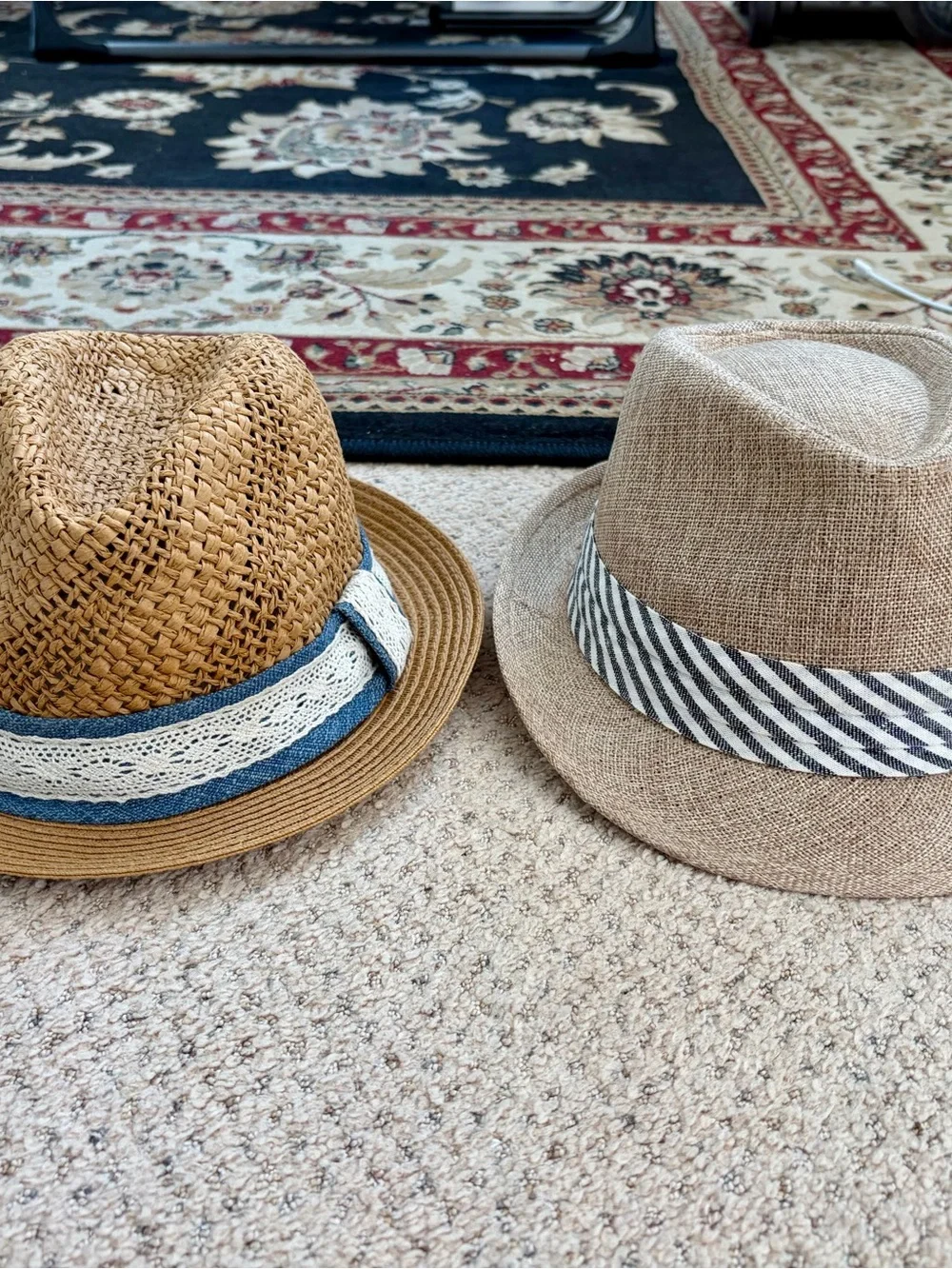 LOFT Women's Straw Fedora Hats with Decorative Bands - blue and cream boarders
